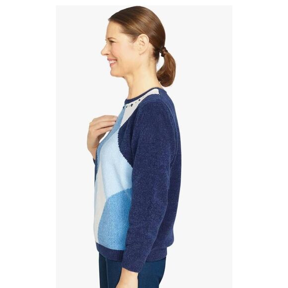 Alfred Dunner Womens Petite Chenille Blue Colorblock Sweater, NWT, PS - Picture 1 of 11